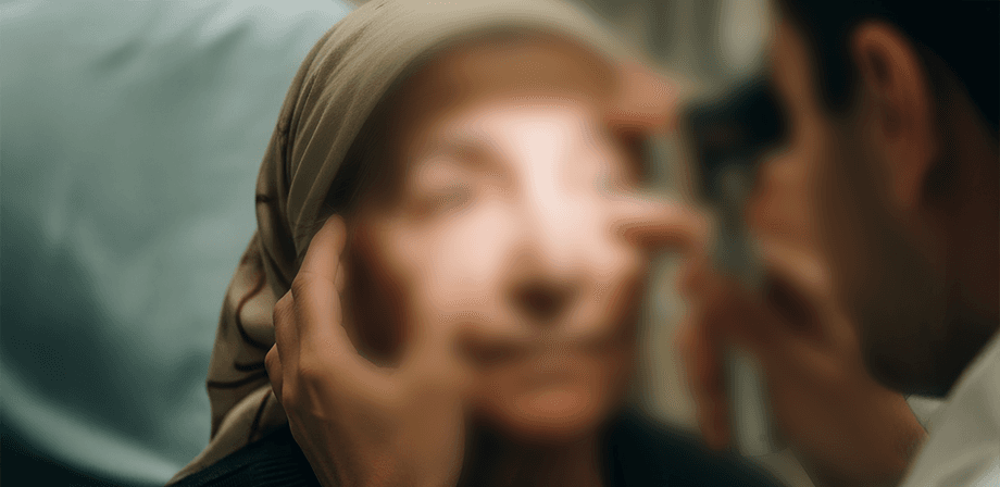 مسنّة تعاني من المياه البيضاء في العين وتحتاج إلى علاج